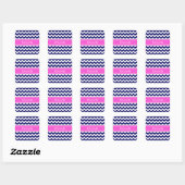 Sticker Carré Navy Blue Wht Chevron Hot Pink Nom Monogramme (Feuille)