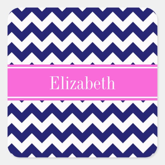 Sticker Carré Navy Blue Wht Chevron Hot Pink Nom Monogramme (Devant)