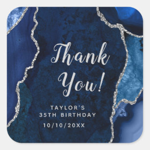 Sticker Carré Navy et Agate Argent Anniversaire Merci