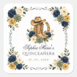 Sticker Carré Navy Or Western Horse Floral Charra Quinceañera
