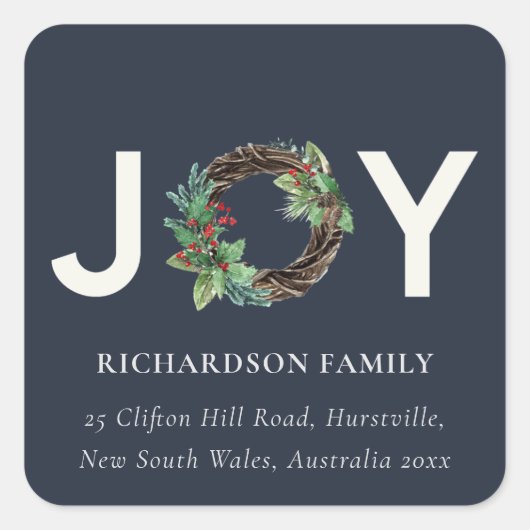 STICKER CARRÉ NAVY RED HOLLY BERRY JOY WREATH NOËL ADRESSE (Devant)