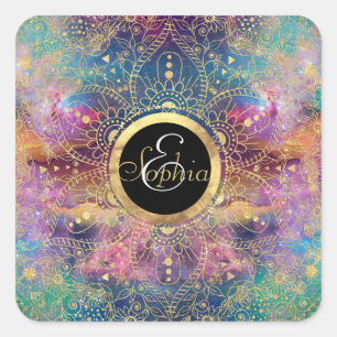 Sticker Carré Nebula couleur or Mandala Aquarelle colorée