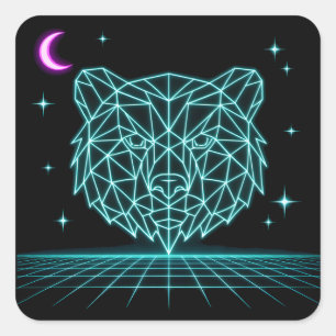 Sticker Carré Neon Bear Synthwave - Bête de la forêt rétro