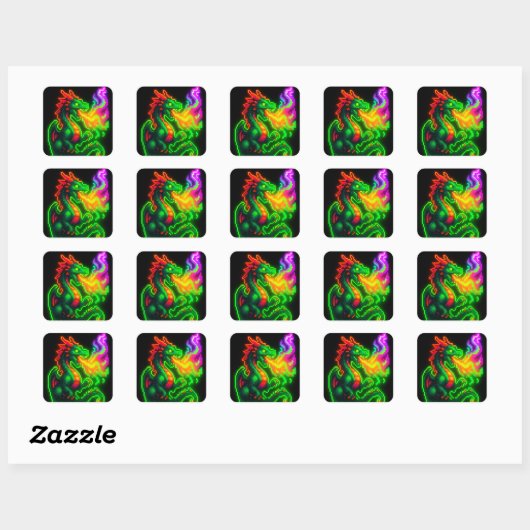 Sticker Carré Neon Pixel Dragon - Retro Arcade Flame Design (Feuille)