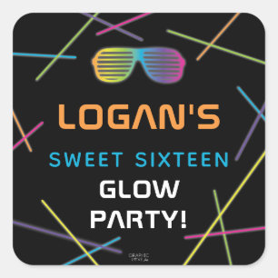 Sticker Carré Neon Sweet 16 Anniversaire Glow Party