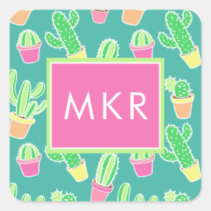 Sticker Carré Neon Watercolor Cactus In Pot Pattern