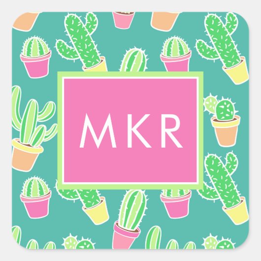 Sticker Carré Neon Watercolor Cactus In Pot Pattern (Devant)