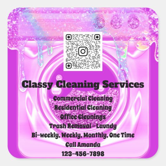 Sticker Carré Nettoyage Maid Housekeeper QRCode Logo Drips rose (Devant)