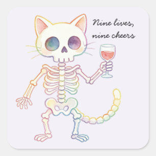 Sticker Carré Neuf Vies Neuf Acclamations Chat Squelette Mignon