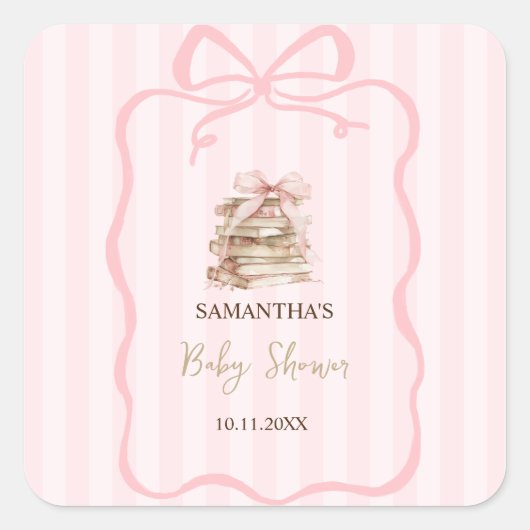 Sticker Carré New Chapter Pink Bow Stripes Baby Shower (Devant)