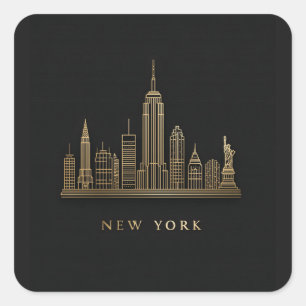 Sticker Carré New York Skyline Gold Line Art