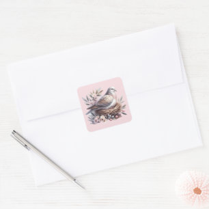 Sticker Carré Nid de colombe rose avec fleurs et branches d'oliv