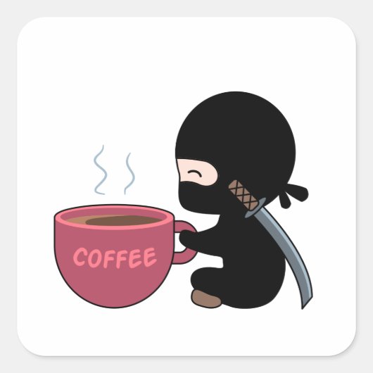 Sticker Carré Ninja minuscule avec grande tasse de café (Devant)