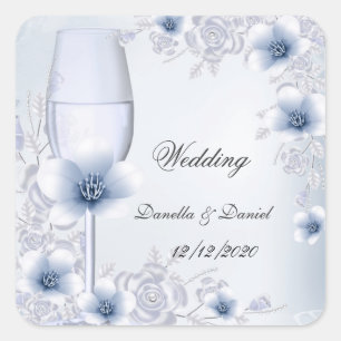 Sticker Carré Noces Fleurs Roses Florales Argent Bleu