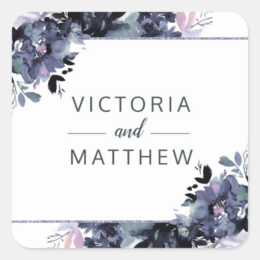 Sticker Carré Nocturne Floral Dusty Blue Monogram Mariage (Devant)