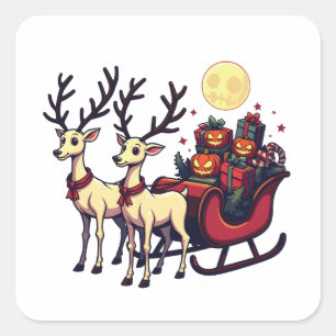 Sticker Carré Noël à Halloween Reindeer Citrouille présente