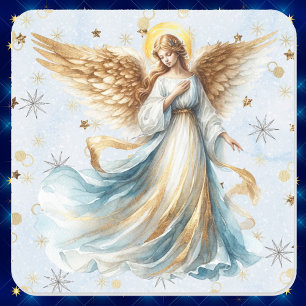 Sticker Carré Noël Angel or bleu aquarelle