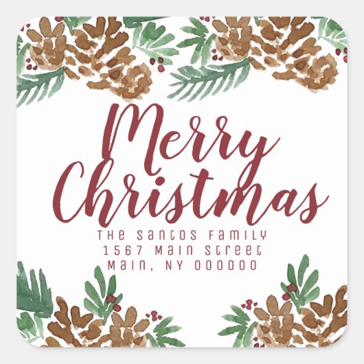 Sticker Carré Noël Aquarelle main Pinecones Vert Berry (Devant)