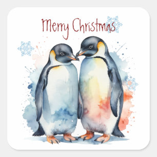 Sticker Carré Noël Aquarelle mignonne Pingouin Couple Animaux