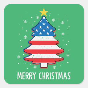 Sticker Carré Noël Arbre Américain Drapeau Famille Noël
