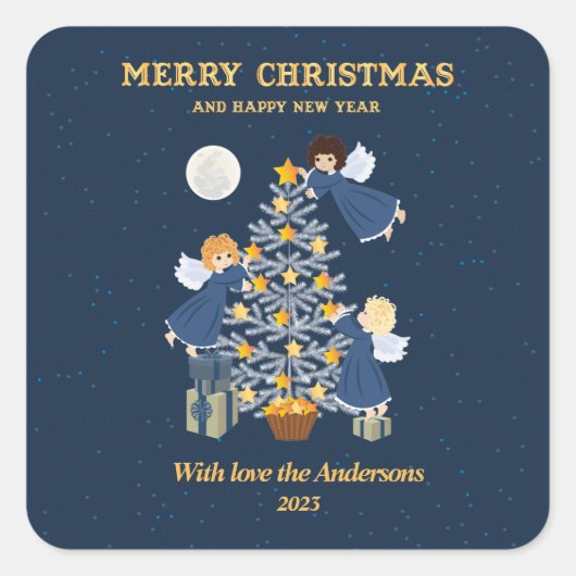 Sticker Carré Noel bleu or mignon bébé ange arbre (Devant)