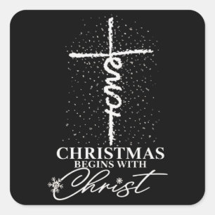 Sticker Carré Noël Commence avec Jésus-Christ Croix Chrétien