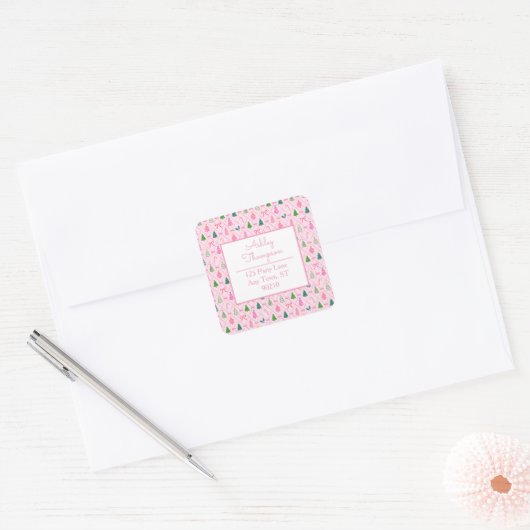 Sticker Carré Noël Coquette Rose (Enveloppe)