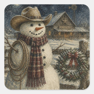 Sticker Carré Noël Country et Western Bonhomme de neige cowboy