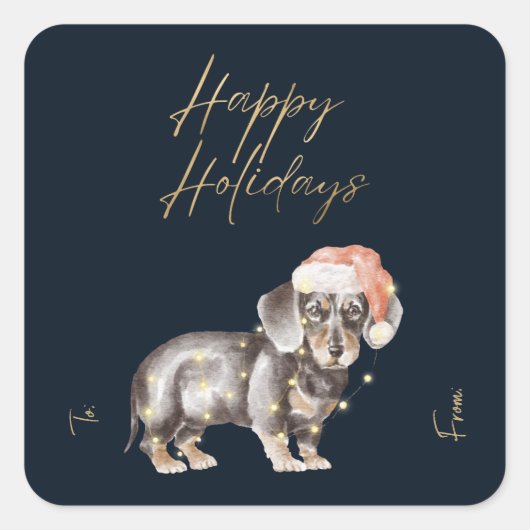 Sticker Carré Noël Dachshund Chien Santas Casquette Faux Gold Fo (Devant)