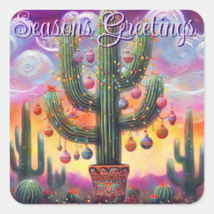 Sticker Carré Noël dans le désert Sud-Ouest Saguaro Cactus
