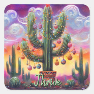 Sticker Carré Noël dans le désert Sud-Ouest Saguaro Cactus