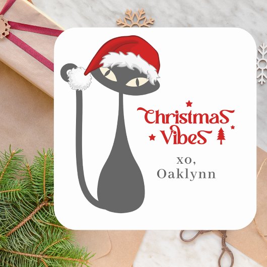 Sticker Carré Noël de chat noir atomique rétro