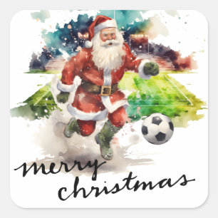 Sticker Carré Noël de football avec le Père Noël jouant au ballo