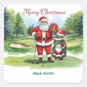 Sticker Carré Noël de golf avec le Père Noël au golf