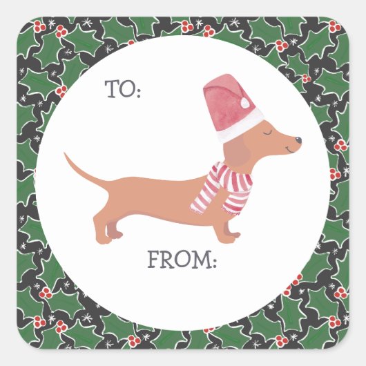Sticker Carré Noël de mignonne Dachshund (Devant)