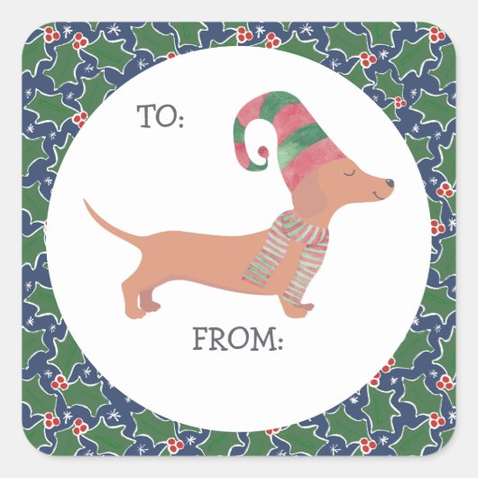Sticker Carré Noël de mignonne Dachshund (Devant)