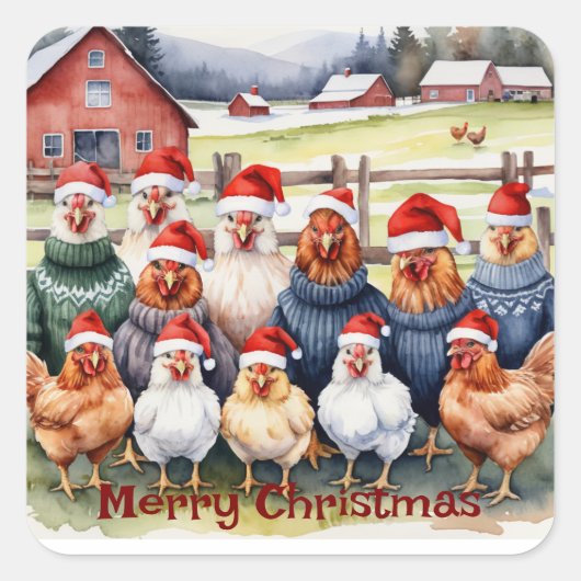 Sticker Carré Noël De Tous Nous Groupe Poulets Amusants (Devant)