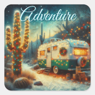 Sticker Carré Noël du Camper vintage dans le désert Saguaro Cact
