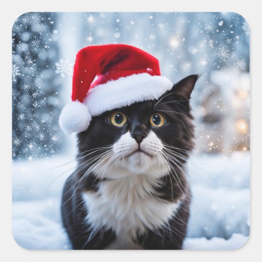 Sticker Carré Noël du chat noir et blanc (Devant)