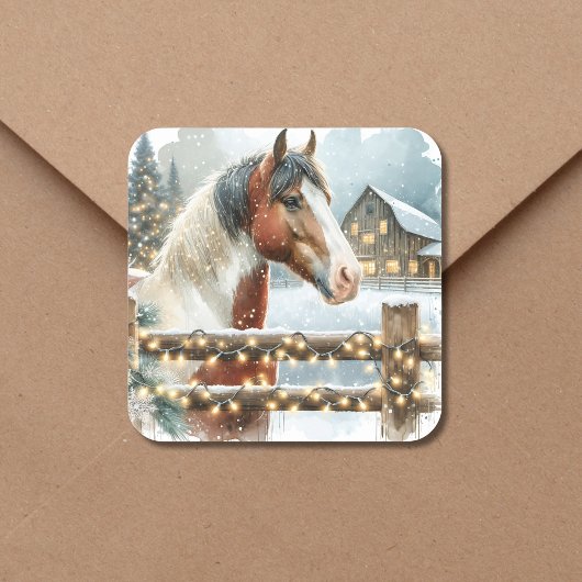 Sticker Carré Noël du pays Cheval Brown et Blanc