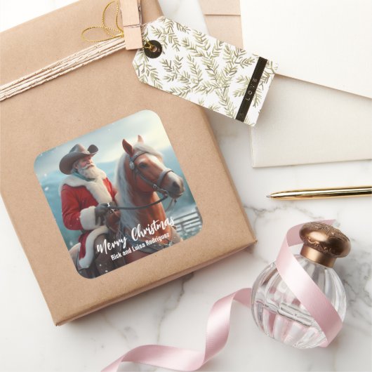 Sticker Carré Noël du Père Noël occidental à cheval (Cadeaux)