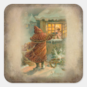 Sticker Carré Noël du Père rustique avec des enfants à la fen