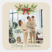 Sticker Carré Noël Élégant Holly & Ruban Rouge - (Devant)