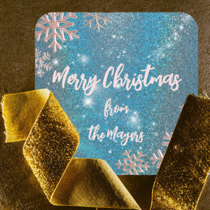 Sticker Carré Noël Elégant Luxe Bleu Hiver Enchanté