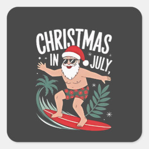 Sticker Carré Noël en Juillet Funny Surfing Père Noël Vacances