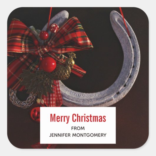 Sticker Carré Noël équestre pendre en fer à cheval Photo (Devant)