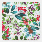 Sticker Carré Noël hiver Bois Nature Holly Berry Pinecones (Devant)