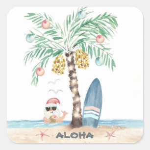 Sticker Carré Noël Île Palm Surf Santa Plage Tropicale 