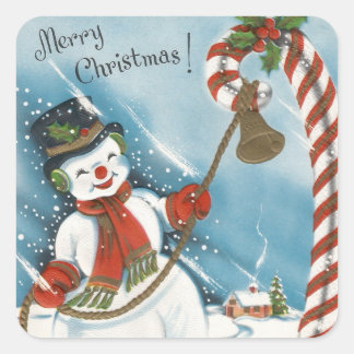 Sticker Carré Noël Joyeux Rétro Vintage Bonhomme de Neige Souria