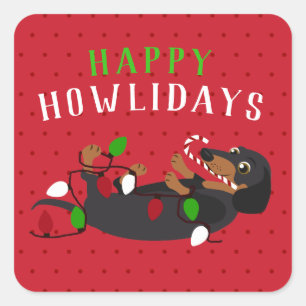 Sticker Carré Noël mignon heureux de teckel de HOWLidays